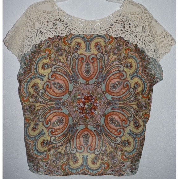 One World Sleeveless Top Large Crochet Shoulders High-Low Hem Sheer Boho Hippie - Picture 3 of 16